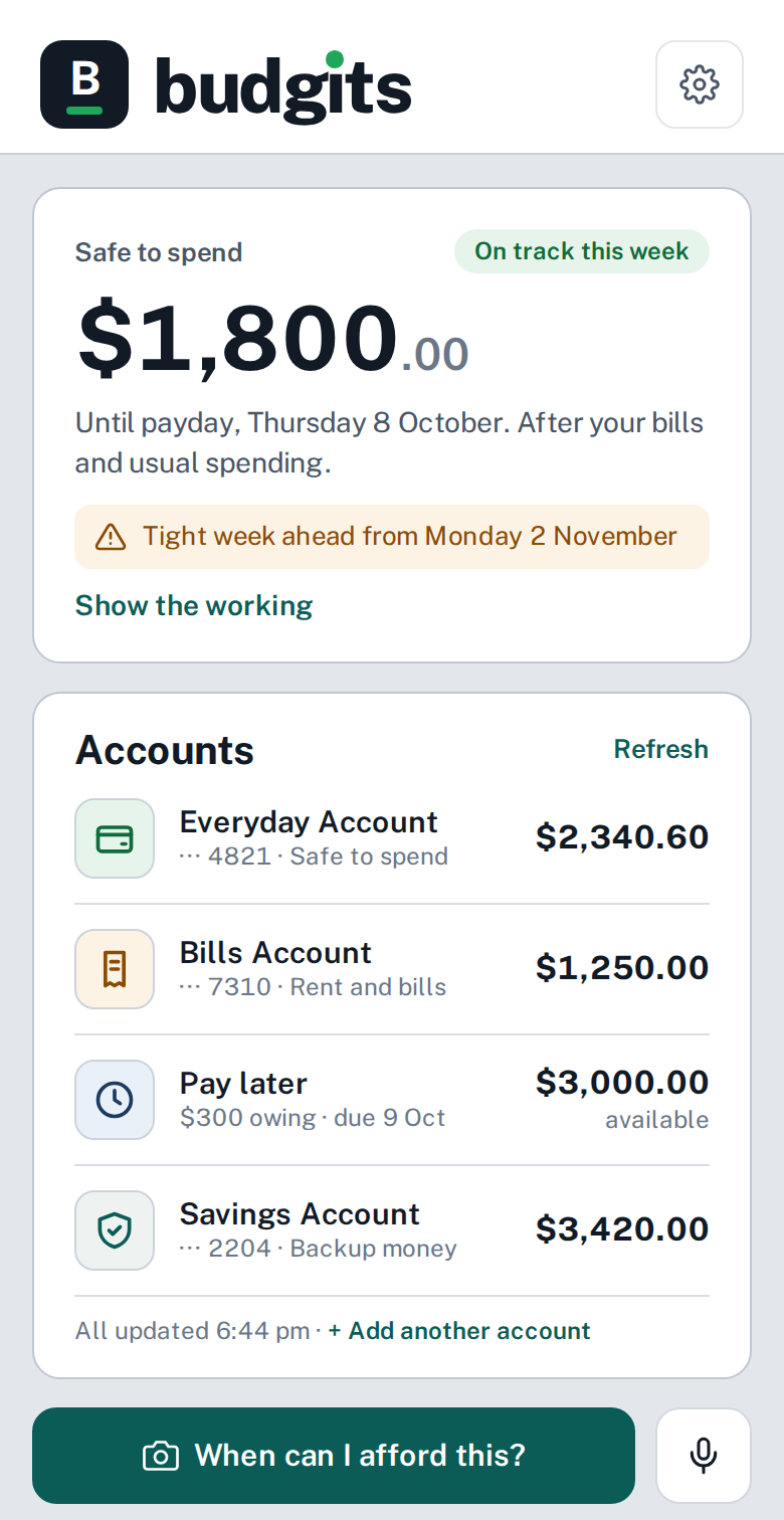 The home screen: safe to spend $1,800 until payday and four accounts with their balances. Sample numbers.